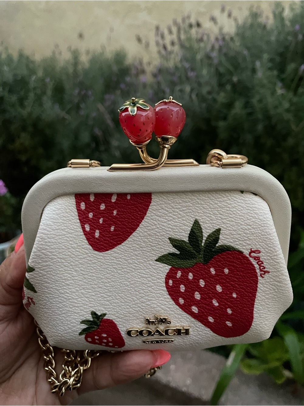Coach Cream Mini Frame Bag with Red Strawberry Print and Gold Chain - Picture 4 of 11